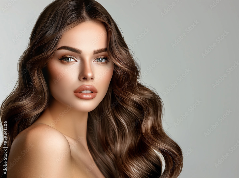Pretty young adult woman with beautiful natural long wavy brown hair. Make-up, clear fresh skin and curly hairstyle. Cosmetic, styling, shampoo, glance and hairdresser concept Pretty young adult woman with beautiful natural long wavy brown hair. Make-up, clear fresh skin and curly hairstyle. Cosmetic, styling, shampoo, glance and hairdresser concept