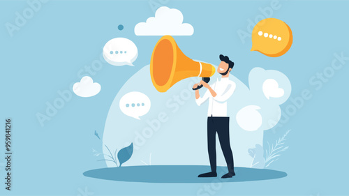 Communication or PR, Public Relations manager to communicate company information and media, announce sales or promotion concept, businessman holding speech bubble balloons while talking on megaphone.