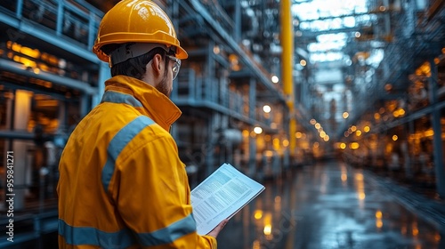 Industrial Inspection: A lone worker in a yellow hardhat and safety vest meticulously inspects a sprawling industrial facility. The focus on detail and safety is evident in this image, capturing the e