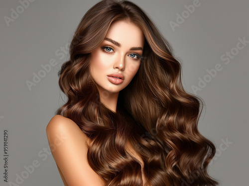 Cute young adult woman with beautiful natural long wavy brown hair. Make-up, clear fresh skin and curly hairstyle. Cosmetic, styling, shampoo, glance and hairdresser concept