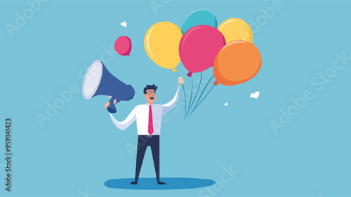 Communication or PR, Public Relations manager to communicate company information and media, announce sales or promotion concept, businessman holding speech bubble balloons while talking on megaphone.