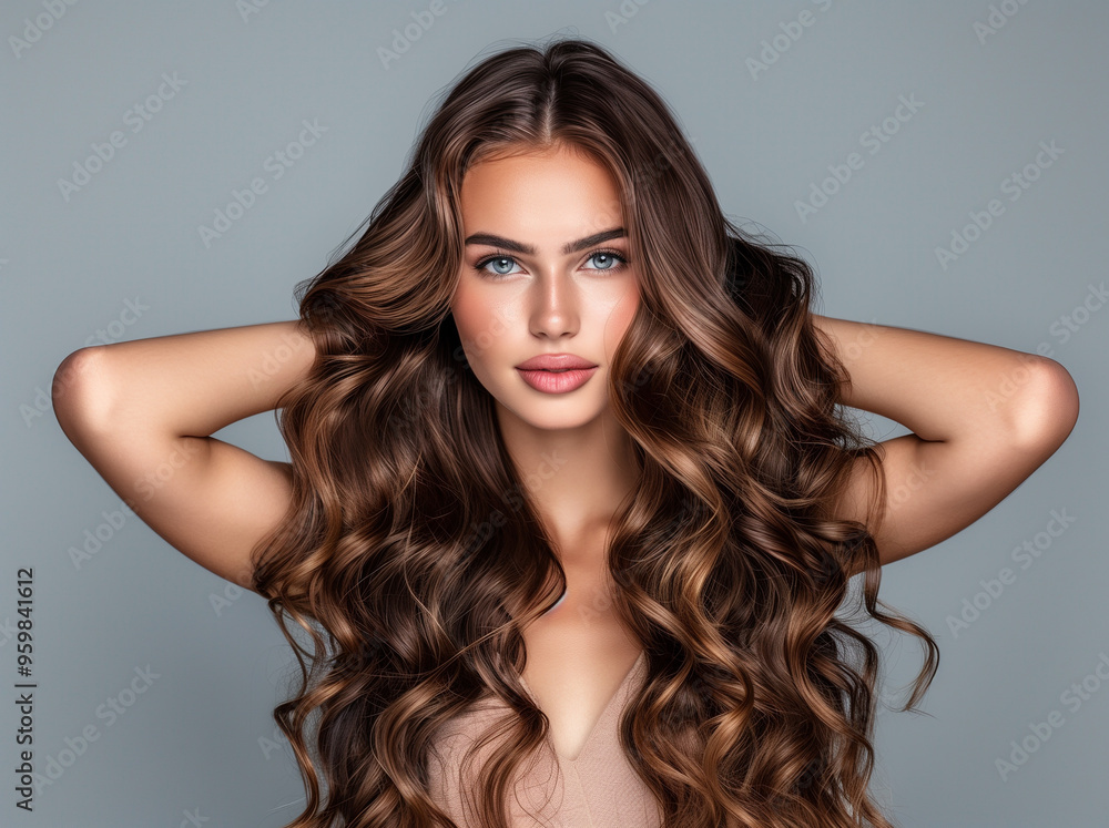Naklejka premium Attractive glam woman with long wavy hair. Model with curly hairstyle and healthy skin. Beauty, hairstyle, makeup and cosmetics