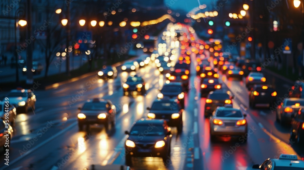 A busy urban street illuminated by the soft glow of streetlights and the headlights and taillights of numerous cars during evening rush hour. A busy urban street illuminated by the soft glow of streetlights and the headlights and taillights of numerous cars during evening rush hour.