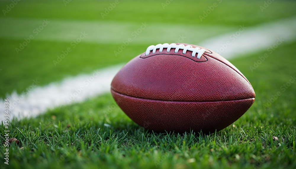 Close-up of an American football on a green field, highlighting texture and field lines.
Close-up of an American football on a green field, highlighting texture and field lines.