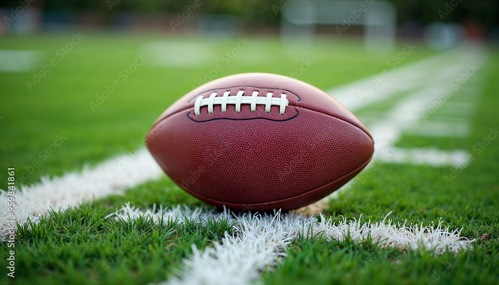 Close-up of an American football on a green field, highlighting texture and field lines.
Close-up of an American football on a green field, highlighting texture and field lines.
