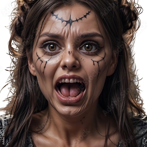 image of womena panicked face screaming with bulging eyes, terrifying face. Face of fear very frightened, concept of nightmare and scare. Image for halloween or day of the dead photo