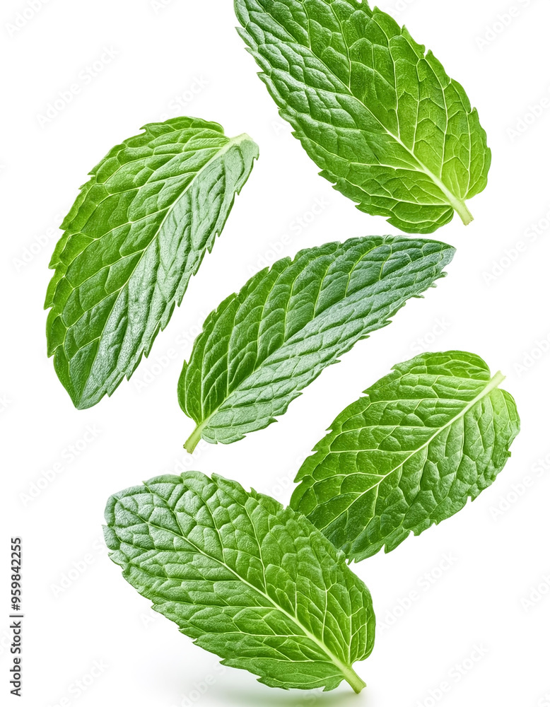 Falling mint leaves, mint leaves. spearmint, isolated on white background Falling mint leaves, mint leaves. spearmint, isolated on white background