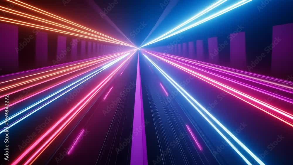 Neon lights converging in futuristic tunnel Neon lights converging in futuristic tunnel
