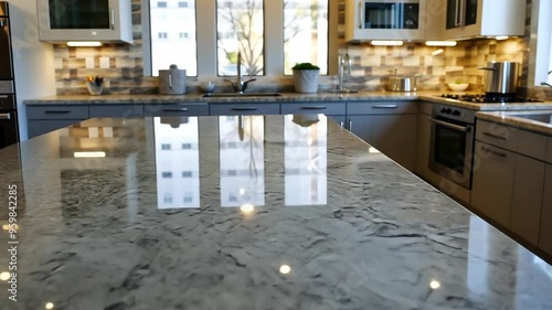 Modern kitchen interior with marble countertop reflection