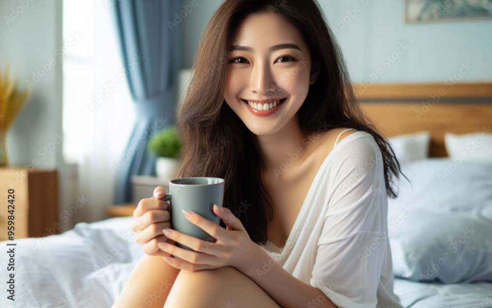 Cheerful tender female in white sleepwear sitting with cup of coffee on bed enjoying morning in bedroom at home Cheerful tender female in white sleepwear sitting with cup of coffee on bed enjoying morning in bedroom at home