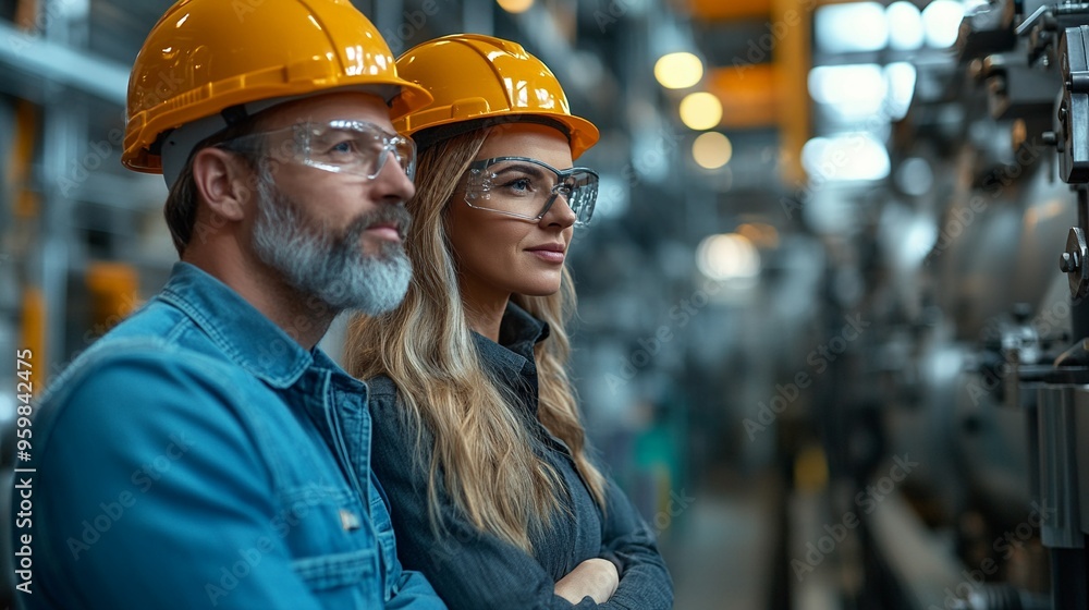 Industry Leaders: A focused look at a male and female engineer wearing hard hats and safety glasses, in a factory setting. Their expressions convey a sense of dedication, expertise, and shared respons Industry Leaders: A focused look at a male and female engineer wearing hard hats and safety glasses, in a factory setting. Their expressions convey a sense of dedication, expertise, and shared respons