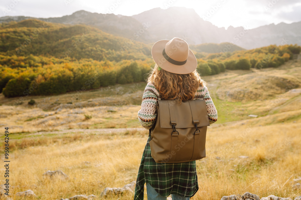 A woman stands on rocky terrain, gazing at the vibrant autumn trees and mountains. Eco tourism. Active lifestyle. A woman stands on rocky terrain, gazing at the vibrant autumn trees and mountains. Eco tourism. Active lifestyle.