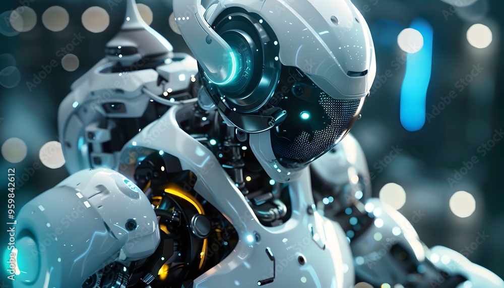 Futuristic robot with sleek design, glowing accents, and advanced technology, showcasing innovation in robotics and artificial intelligence. Futuristic robot with sleek design, glowing accents, and advanced technology, showcasing innovation in robotics and artificial intelligence.