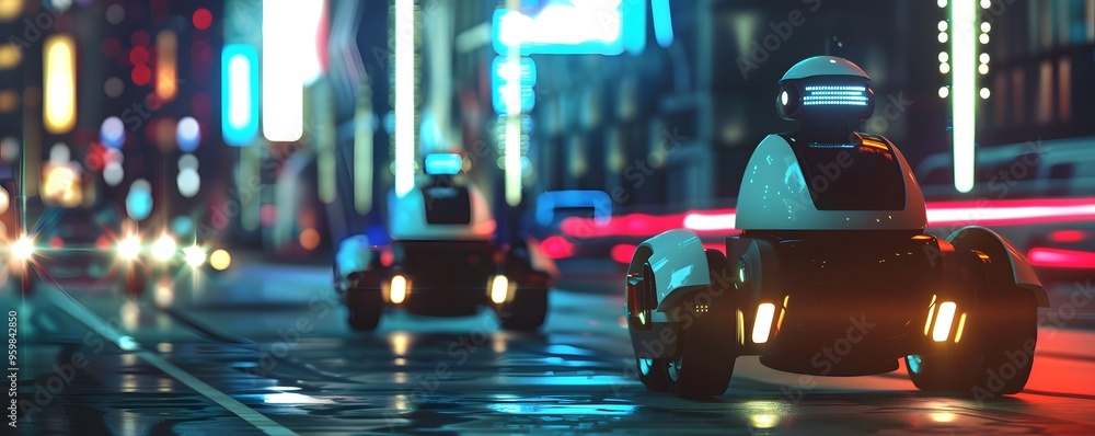 Futuristic scene featuring autonomous vehicles cruising through a vibrant cityscape illuminated by neon lights at night.