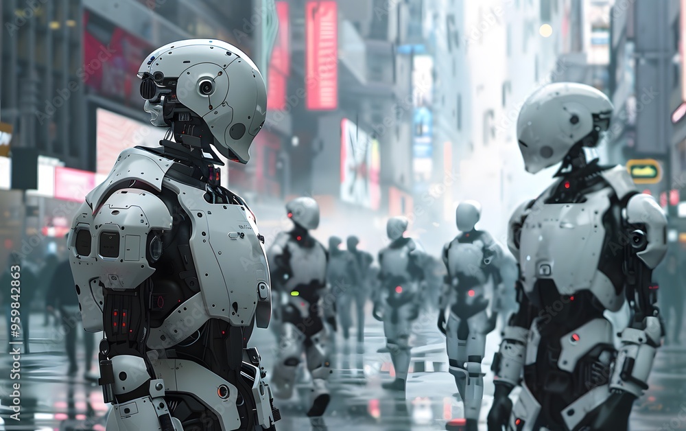 Futuristic robots stand in a vibrant urban landscape, showcasing advanced technology amidst a bustling city atmosphere. Futuristic robots stand in a vibrant urban landscape, showcasing advanced technology amidst a bustling city atmosphere.