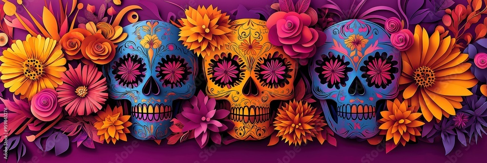 Día de los Muertos Banner with Traditional Sugar Skulls in Bright, Intricate Paper-Cut Style Día de los Muertos Banner with Traditional Sugar Skulls in Bright, Intricate Paper-Cut Style