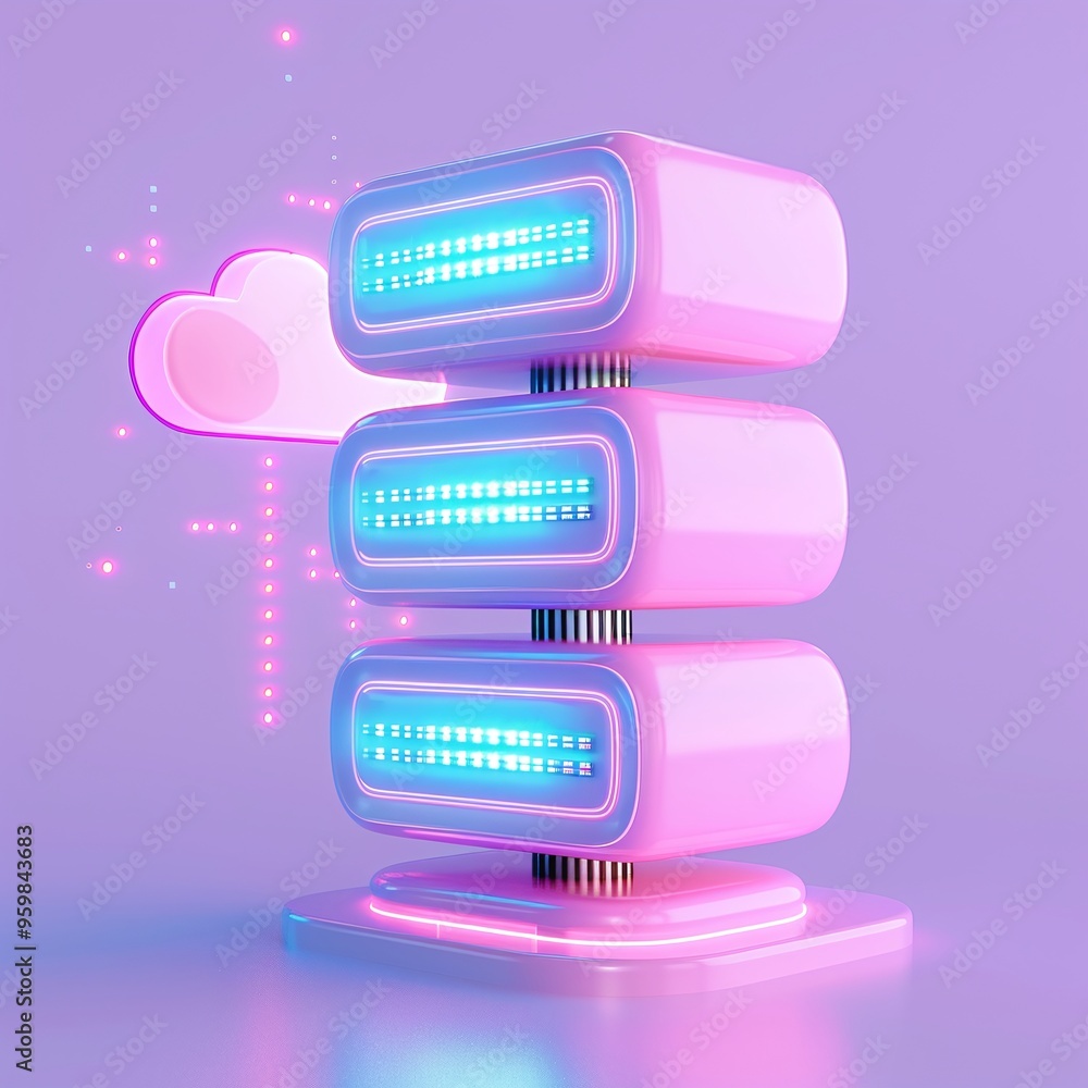 Fototapeta premium Futuristic data server with neon lights and cloud symbol in pastel tones, representing modern technology and data storage.