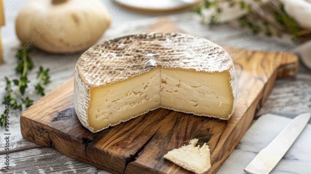 The illustration shows a wedge of cheese with a dark rind placed on a wooden cutting board The illustration shows a wedge of cheese with a dark rind placed on a wooden cutting board