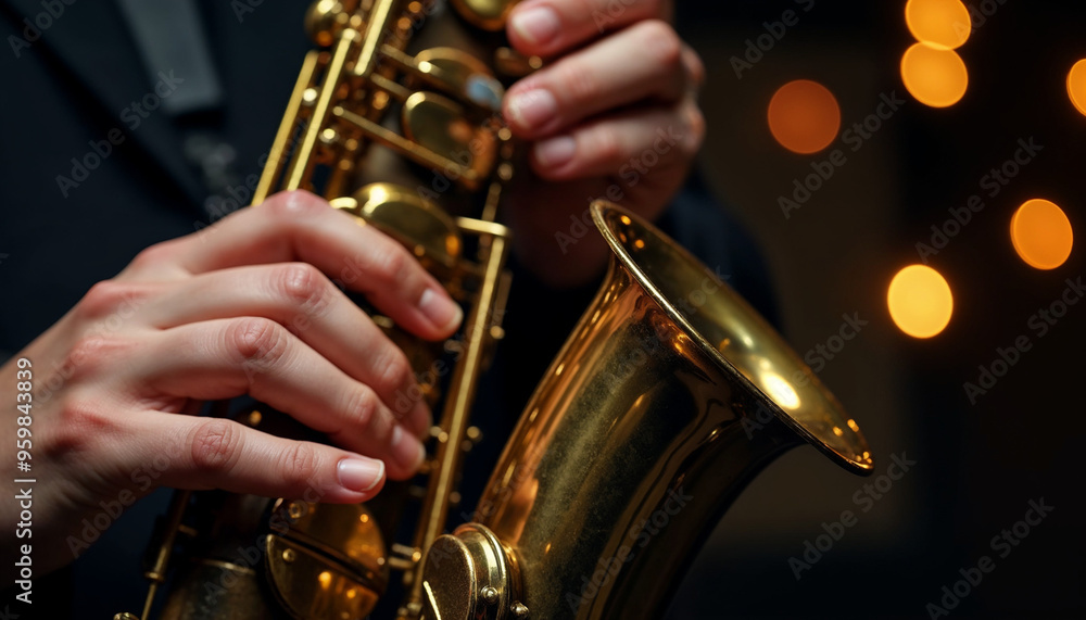 Obraz premium Close-up of hands playing a saxophone with bokeh lights in background.