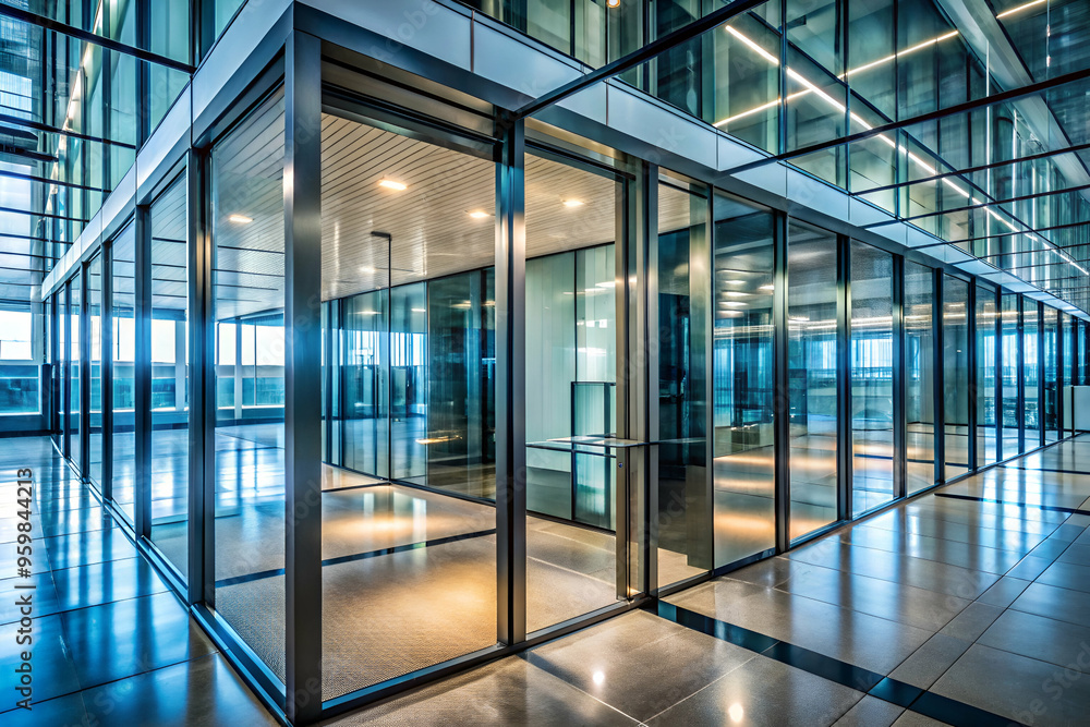 A large, empty office building with many windows. The glass walls reflect the light from the ceiling, creating a bright and open atmosphere A large, empty office building with many windows. The glass walls reflect the light from the ceiling, creating a bright and open atmosphere
