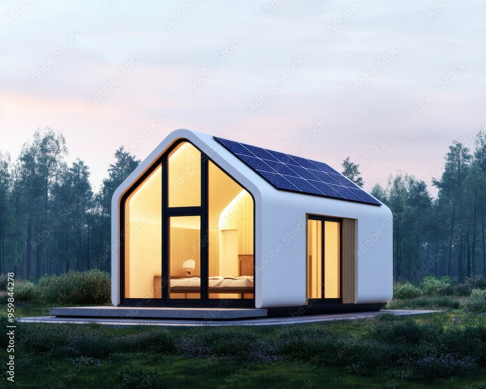 Modern eco-friendly house with solar panels, nestled in a lush green landscape, showcasing sustainability and contemporary design. Modern eco-friendly house with solar panels, nestled in a lush green landscape, showcasing sustainability and contemporary design.