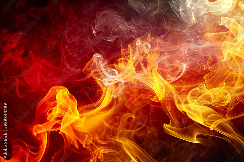Fototapeta premium Vibrant fiery smoke abstract background, glowing inferno flames with dynamic orange and red colors, swirling smoke textures for dramatic visual effects, perfect for fire-themed projects