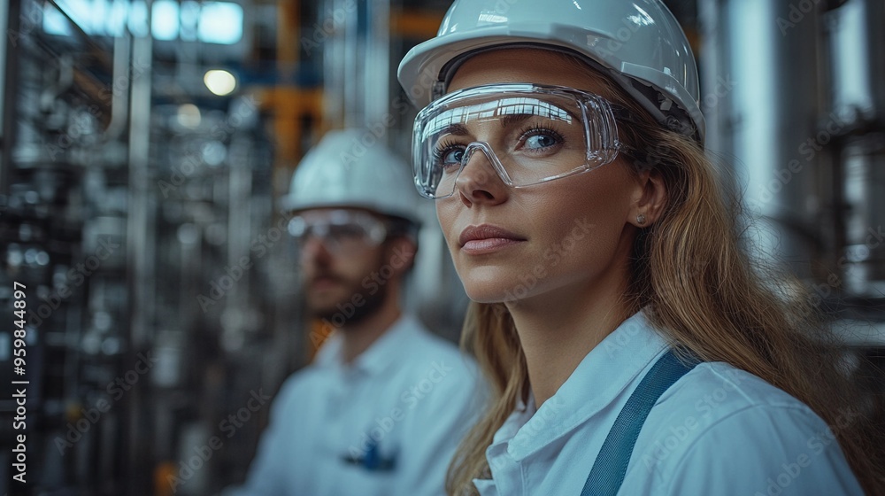 Industrial Vision: A female engineer, wearing safety goggles and a white hard hat, gazes intently at the intricate machinery in a modern industrial setting. Her focused expression reflects dedication Industrial Vision: A female engineer, wearing safety goggles and a white hard hat, gazes intently at the intricate machinery in a modern industrial setting. Her focused expression reflects dedication
