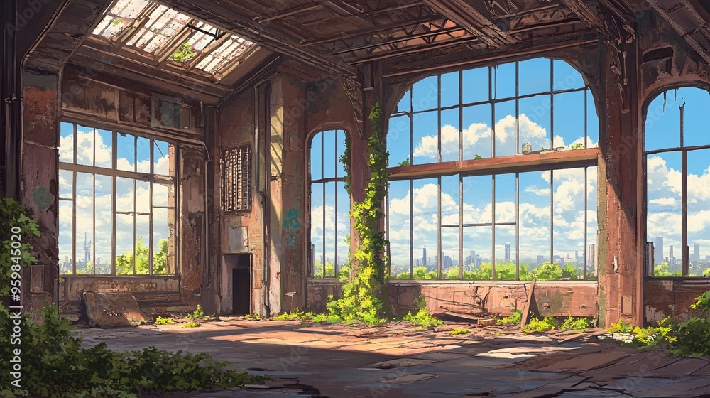 A serene view of a spacious, abandoned warehouse with overgrown plants and large windows, showcasing nature. A serene view of a spacious, abandoned warehouse with overgrown plants and large windows, showcasing nature.