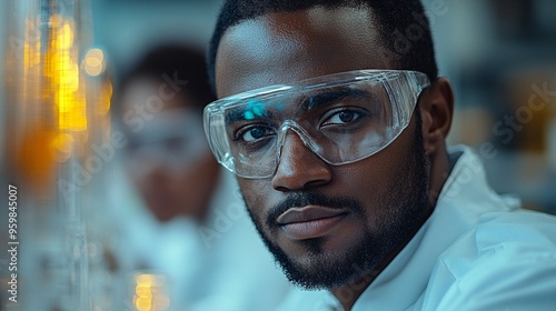 Focused Innovation: A Black male scientist in a lab coat and safety goggles intently observes an experiment, embodying the spirit of scientific inquiry. 