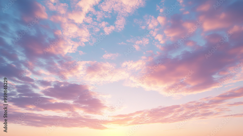 Fototapeta premium Breathtaking view of the sky at dawn with soft pastel colors blending together as the first light of the sun breaks through the clouds, capturing the serene beauty of a new day.