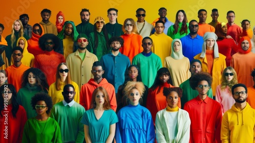 An eclectic group of individuals in vividly colored clothing, displaying a rich diversity of style and personality, standing against a color gradient background.