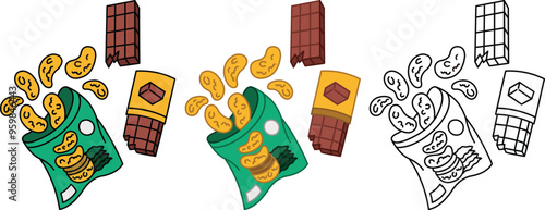 illustration of a potato chip icon and delicious chocolate vector art