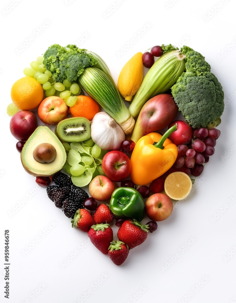 Fruits and vegetables concept, Fruits and vegetables in heart shape on white background Fruits and vegetables concept, Fruits and vegetables in heart shape on white background
