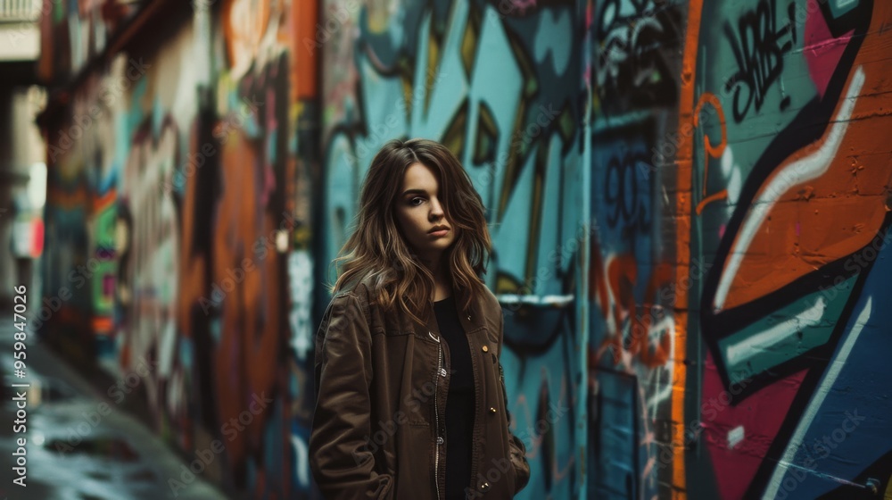 Naklejka premium A young woman with a serious expression stands in front of a wall covered in graffiti, embodying the raw energy of urban art culture.