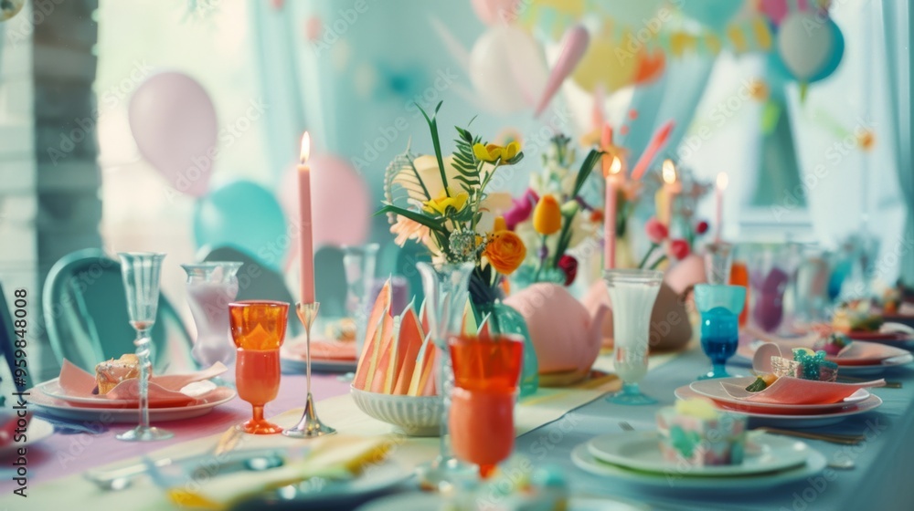 A vibrantly decorated table set up for a festive celebration, adorned with flowers, candles, and colorful tableware. A vibrantly decorated table set up for a festive celebration, adorned with flowers, candles, and colorful tableware.