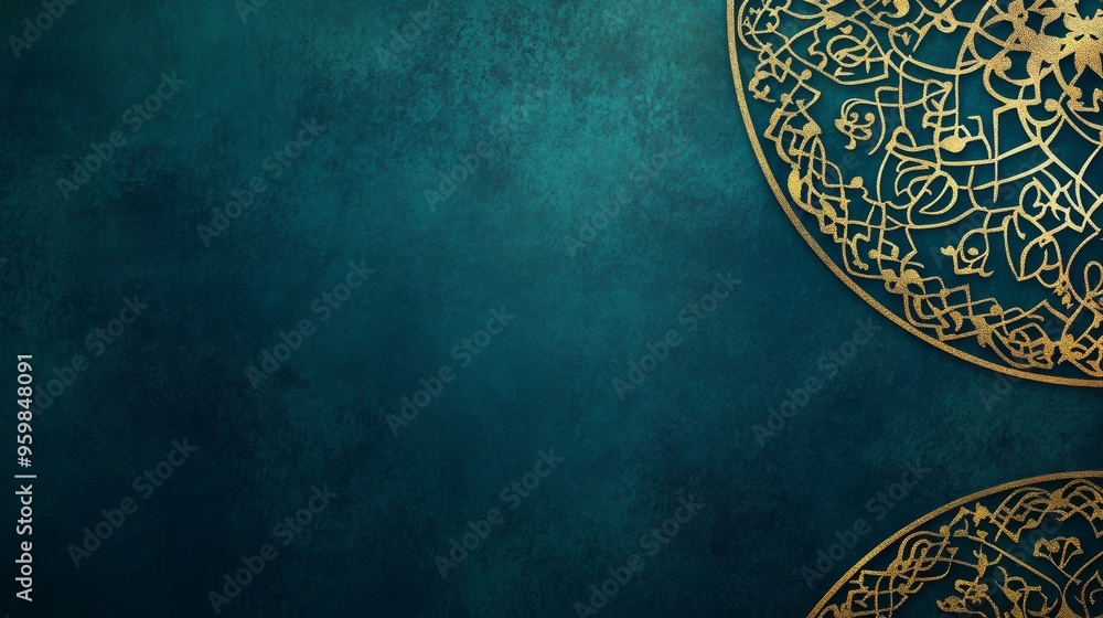 Blue Islamic background with golden ornament border pattern and green color, ramadan background concept Blue Islamic background with golden ornament border pattern and green color, ramadan background concept