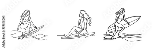 Set of Girl surfer hand drawn picture silhouette line art, isolated over on transparent white background