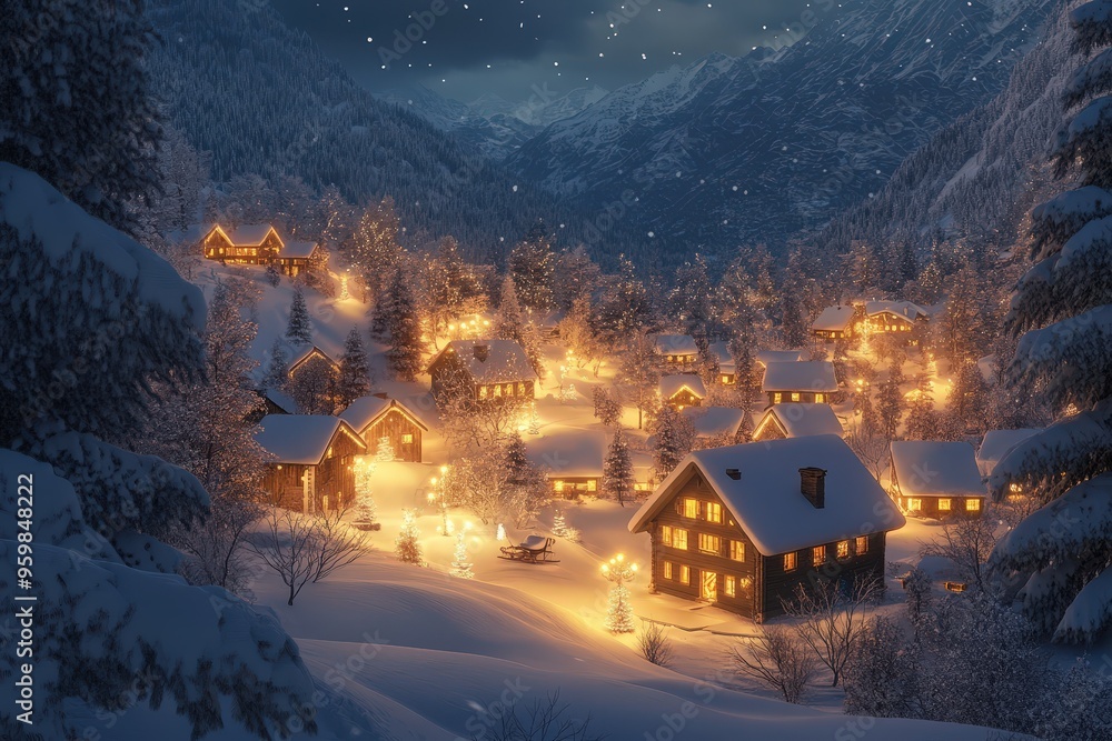 A cozy winter scene: snow-covered village under starry night for seasonal decor and holiday inspiration. A cozy winter scene: snow-covered village under starry night for seasonal decor and holiday inspiration.