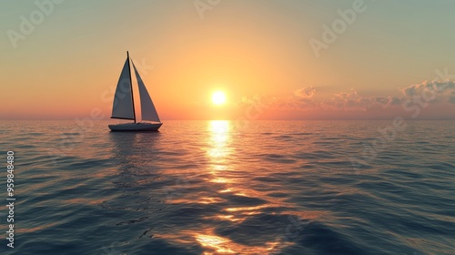 Sailing into the Sunset: A solitary sailboat cuts through the tranquil waters, its white sails catching the golden rays of a breathtaking sunset. The image evokes a sense of peace and serenity.
