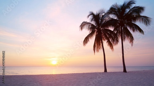 Serene Beach Sunset with Palm Tree Silhouettes - Relaxing Tropical Paradise Scene with Calm Waves and White Sand