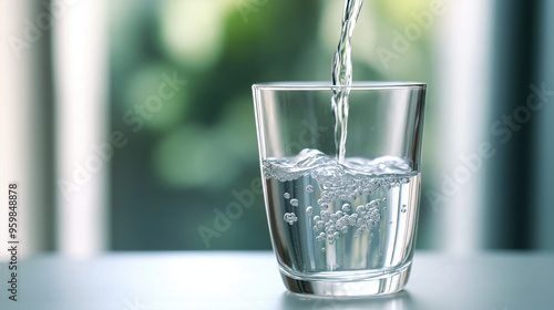 A glass cup into which clean water is poured