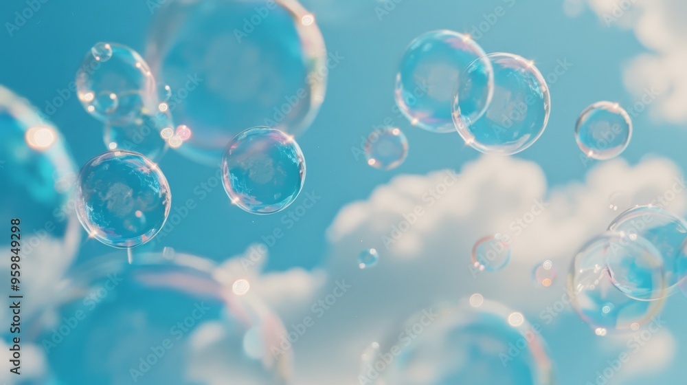Dreamy scene of soap bubbles floating against a bright, blue sky with fluffy white clouds. Dreamy scene of soap bubbles floating against a bright, blue sky with fluffy white clouds.