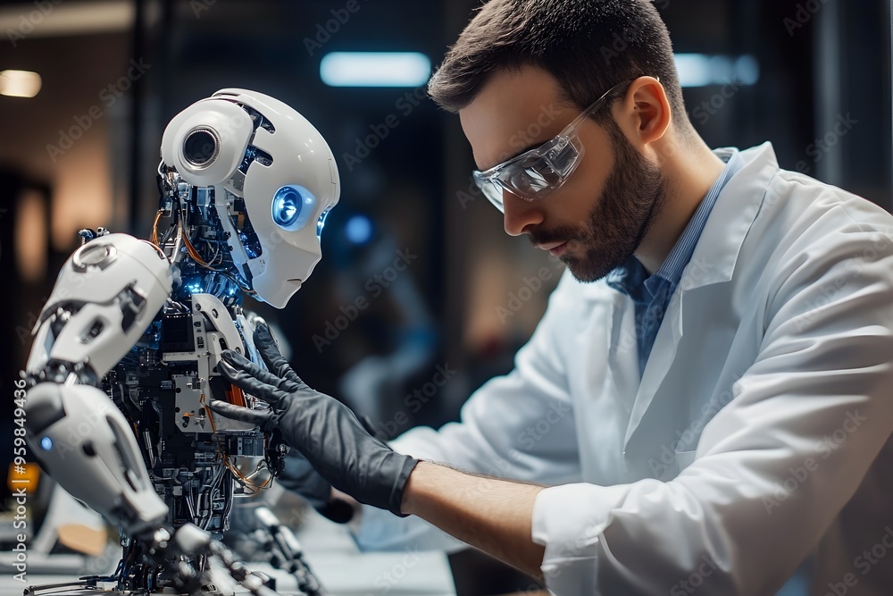 Researcher Adjusting Sensors and Programming Movements of Humanoid Robot in Lab for Robotics Researcher Adjusting Sensors and Programming Movements of Humanoid Robot in Lab for Robotics