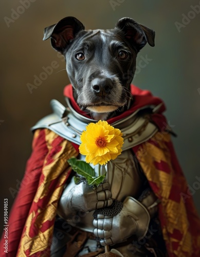 Portrait of a Anthropomorphic dog holds a petunia flower,dressed like a crusader. photo