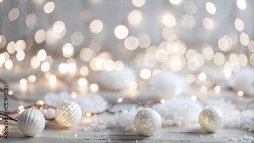 Decorative Christmas ornaments with sparkling lights and snow on a soft background