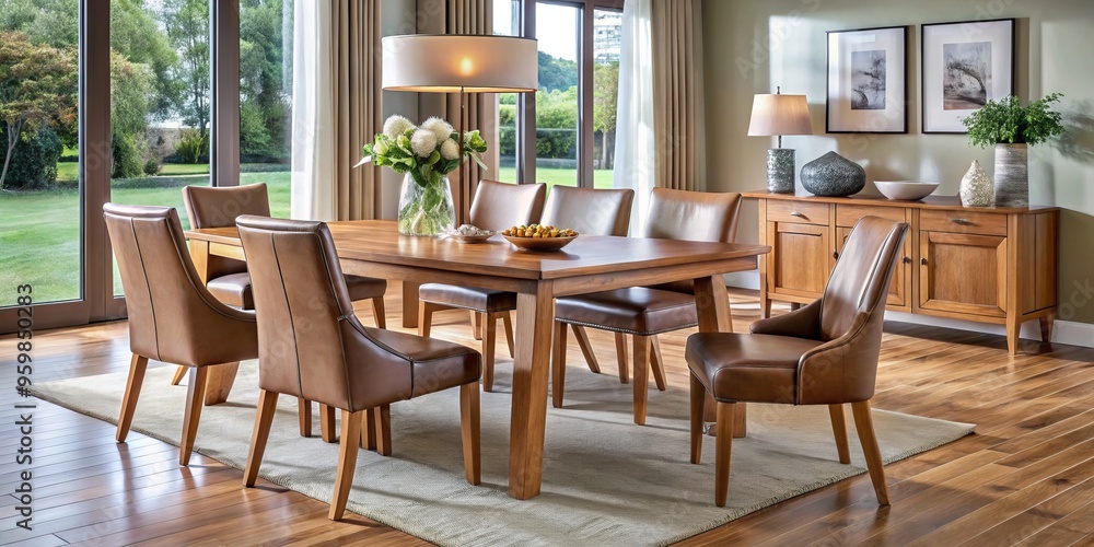 Fototapeta premium Elegant wood dining table and chairs with leather upholstery bring sophistication to the modern dining room, perfect