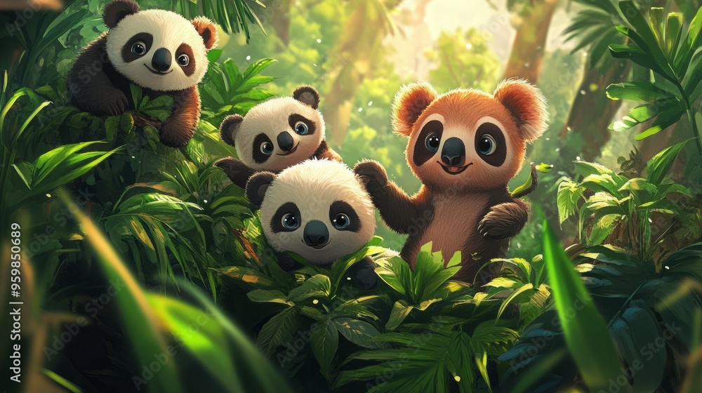 Naklejka premium Cute panda and koala cubs playing in the jungle.
