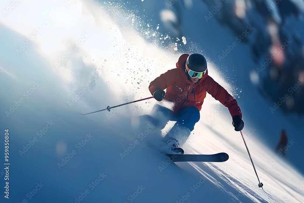 Skier racing downhill at breakneck speed spraying snow and angling poles for balance in winter Skier racing downhill at breakneck speed spraying snow and angling poles for balance in winter
