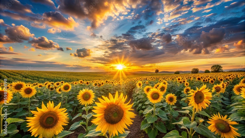 Fototapeta premium Summer landscape: beauty sunset over sunflowers field. Panoramic views 