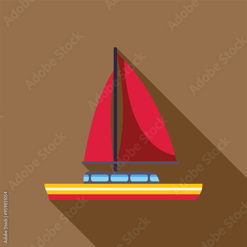 Sailboat with red sail floating on water, simple colorful icon of a sailing yacht